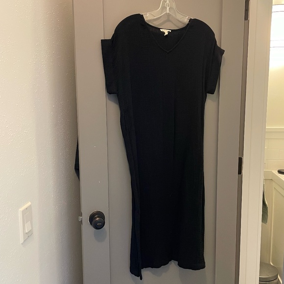 Eileen Fisher Black Organic Cotton Gauze V- Neck Dress, Size PM - Picture 3 of 5